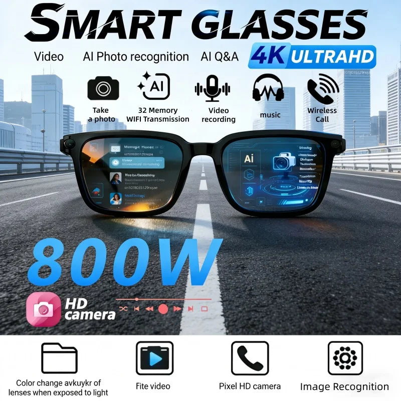 Smart AI Glasses 4K Camera AI Translation 8MP Video Recording Bluetooth Call Music Photo Outdoor Sports Driving Smart Eyewear